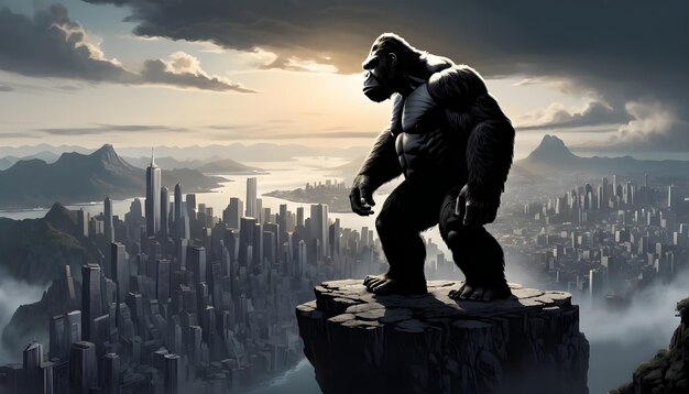 a chilling image of King Kong at the edge of a cliff overlooking a city in chaos