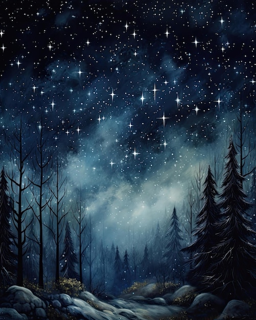 Chilly moonlit night stars sparkle in dark sky