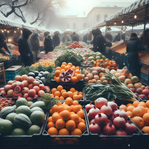 On a chilly morning at a winter farmers market vendors display an array of seasonal fruits like po