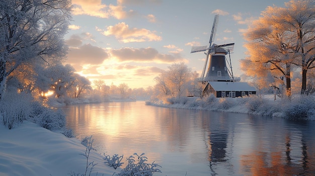 chilly woods surround a windmill in the gentle morning light