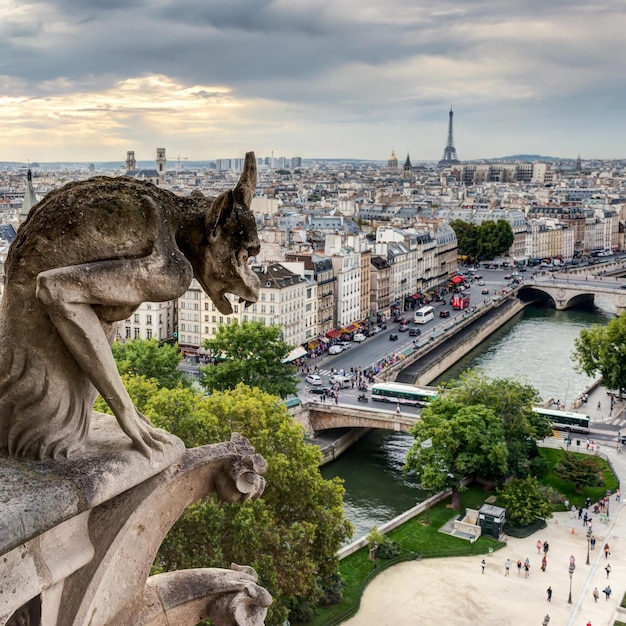 Chimera gargoyle of the Cathedral of Notre Dame de Paris overlooking the Eiffel Tower in Paris