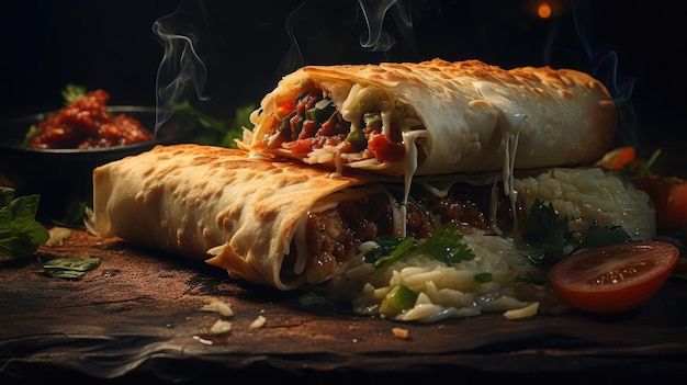 chimichanga full of vegetables meat and mayonnaise prints on wooden table with blurred background