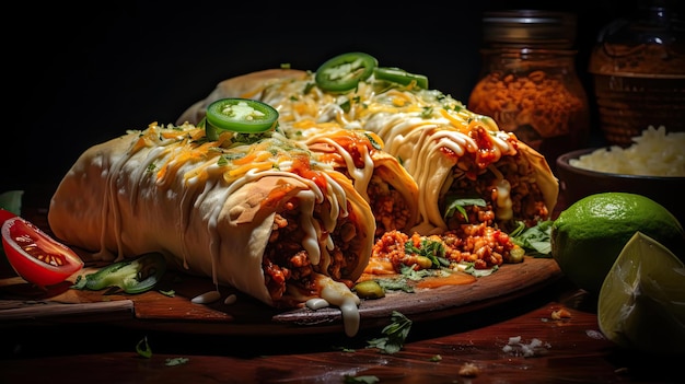 chimichanga full of vegetables meat and mayonnaise prints on wooden table with blurred background