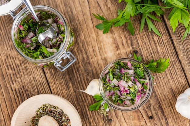 Chimichurri fresh as detailed closeup shot selective focus