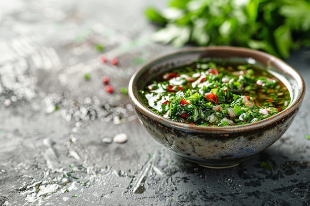 Chimichurri sauce in a small bowl Sauce made from various herbs garlic and pepper Generative AI