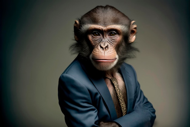 Chimp Executive A Primate39s Professional Pose in Dark Studio Background Generative Ai