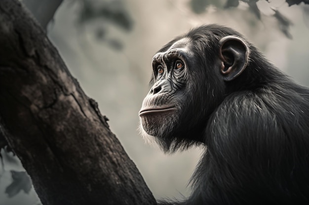 a chimpan sitting on a tree branch