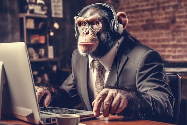 A chimpanzee in a business suit working in an office on a laptop Corporate humor