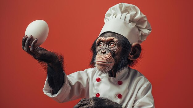 Chimpanzee Chef Holding Egg with Red Background Wearing White Chef Hat and Coat