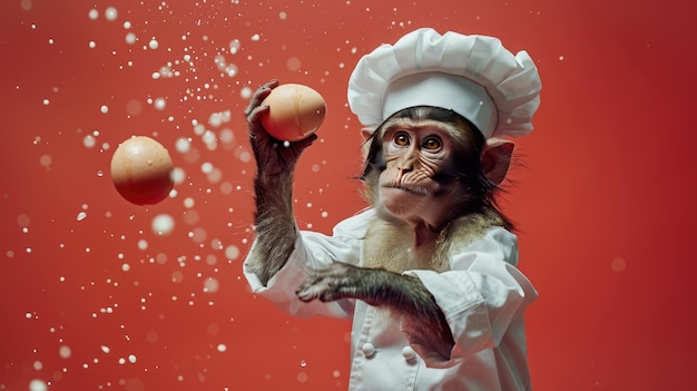 Chimpanzee Chef Juggling Eggs on Red Background Fun and Creative Animal Photography