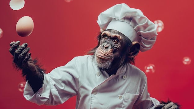 Chimpanzee Chef Juggling Eggs in a Studio with Red Background