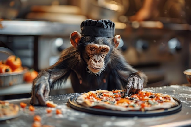 Chimpanzee Chef Making Pizza in Professional Kitchen