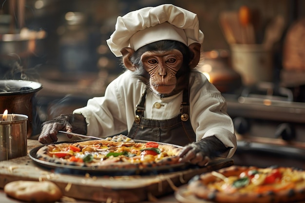 Chimpanzee Chef Preparing Gourmet Pizza in Restaurant Kitchen