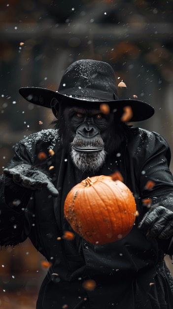 Chimpanzee in Costume Holding Pumpkin During Snowfall in Halloween Scene