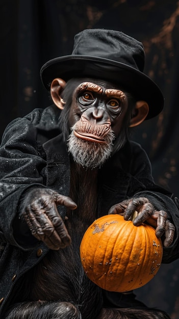 Chimpanzee in Costume Holding Pumpkin Unique Wildlife Portrait for Halloween