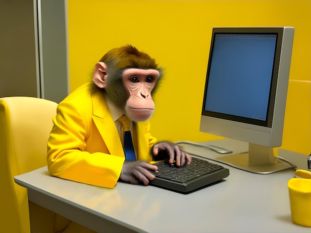 A chimpanzee dressed in a yellow suit sitting in an office chair next to a desk with a computer