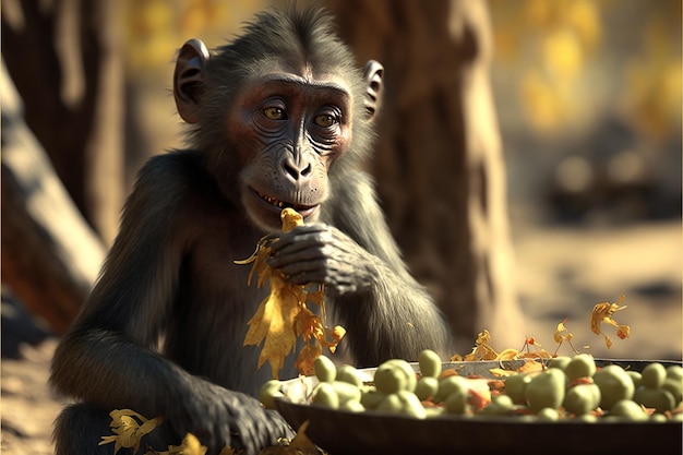 A chimpanzee eats fruit in a forest.