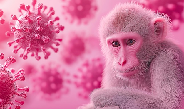 Chimpanzee facing pink monkeypox virus particles mpox outbreak visualization