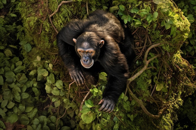 A chimpanzee in a jungle with green leaves