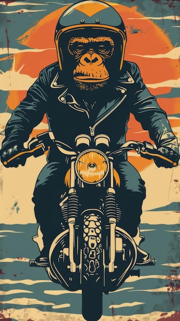 Photo chimpanzee motorcycle rider vintage illustration