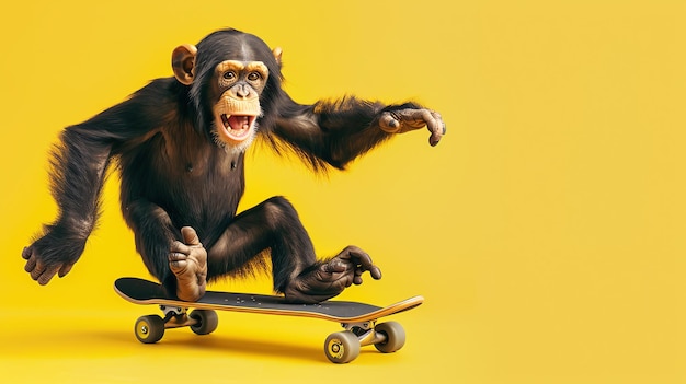 A chimpanzee riding a skateboard with a yellow background