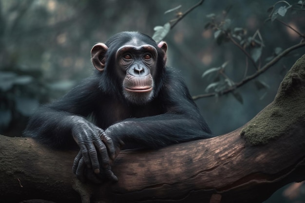 A chimpanzee sits on a branch in a dark forest.