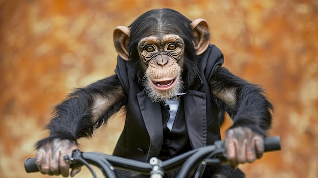 Photo chimpanzee in suit riding bicycle with happy expression and blurred orange background