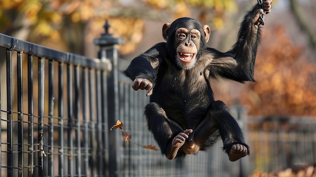 Photo chimpanzee swinging with a big smile