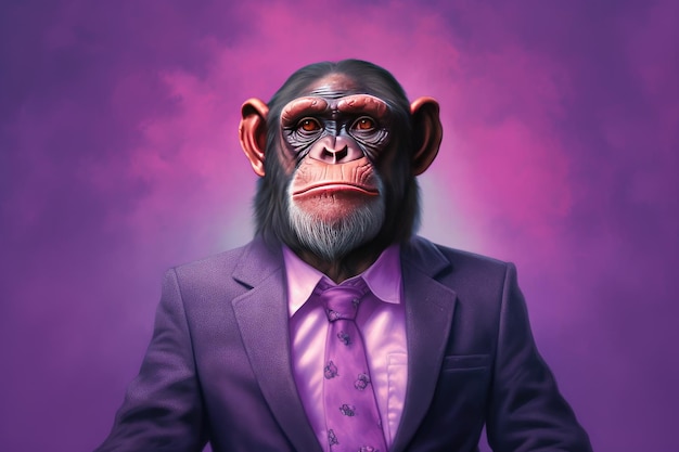 A chimpanzee turned human dressed in a suit and tie poses on a purple background Generative AI