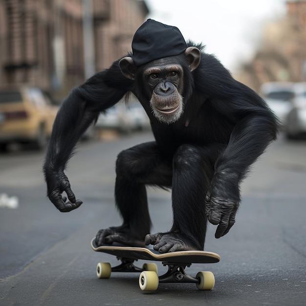 Chimpanzee wearing a backwards cap skateboarding in the street