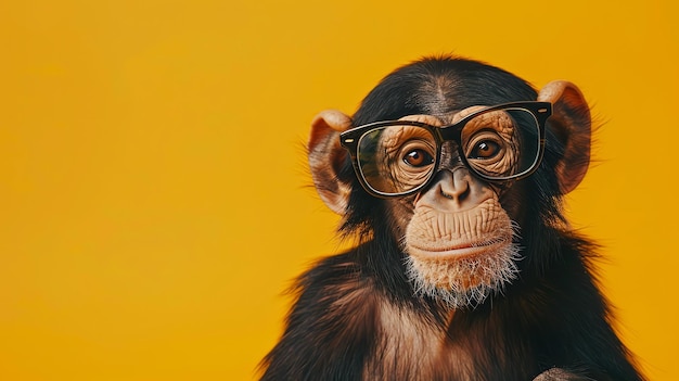 A chimpanzee wearing glasses stares at the camera against a yellow background