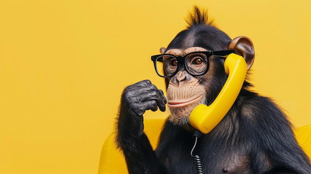 Photo a chimpanzee wearing glasses talks on a yellow phone against a bright yellow background