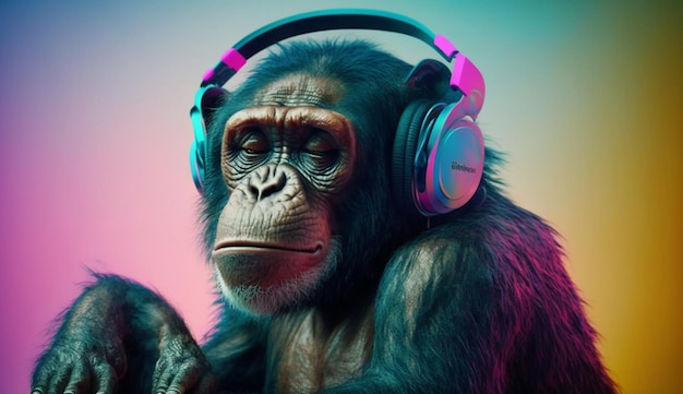 Chimpanzee Wearing Headphones and Listening to Music on a Colorful Background Generative AI