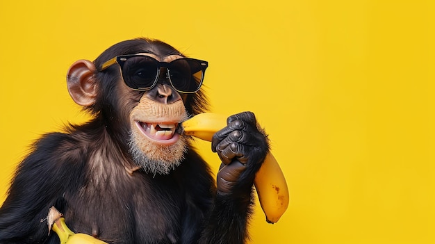 A chimpanzee wearing sunglasses eats a banana against a bright yellow background