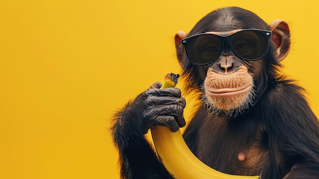 A chimpanzee wearing sunglasses holds a banana and looks directly at the camera