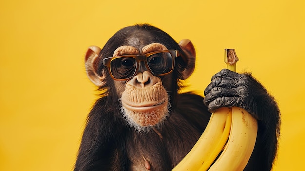 A chimpanzee wearing sunglasses holds a bunch of bananas against a yellow background