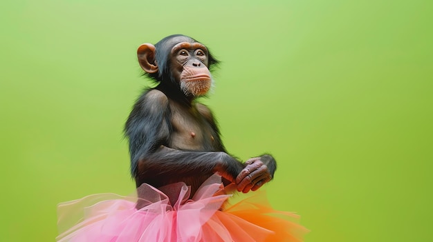 A chimpanzee wearing a tutu looking to the right