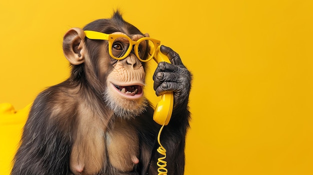 Photo a chimpanzee wearing yellow glasses holds a yellow phone to its ear and smiles