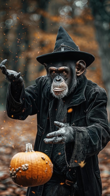 Chimpanzee in Witch Costume with Pumpkin Celebrates Halloween in Autumn Forest