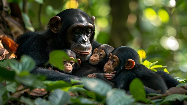 a chimpanzee with three babies in the back