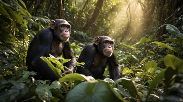 Chimpanzees Foraging for Food in the Dense Jungle