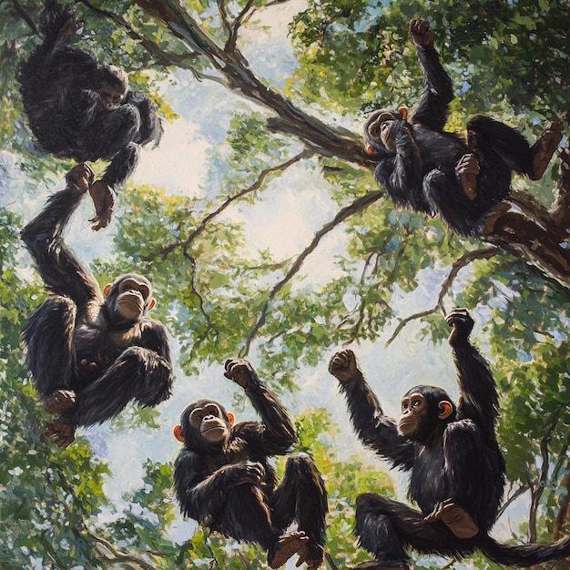 Photo chimpanzees swinging through the canopy overhead