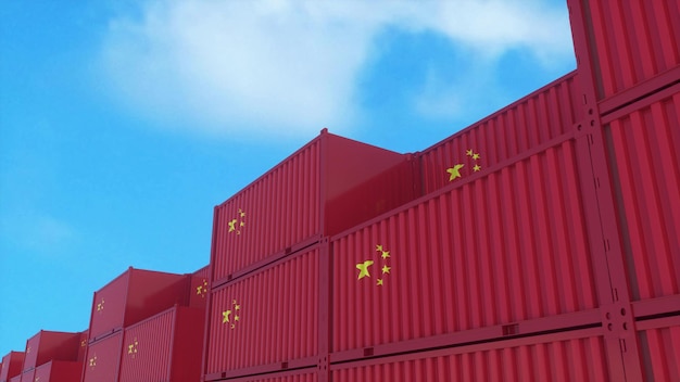 China flag containers are located at the container terminal