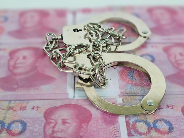 China flag with handcuffs and a bundle of dollars