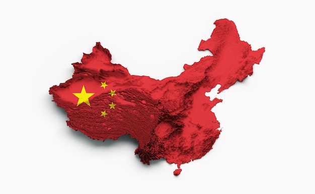 China Map China Flag Shaded relief Color Height map on white Background 3d illustration