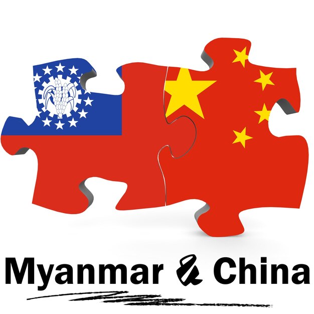 China and Myanmar flags in puzzle