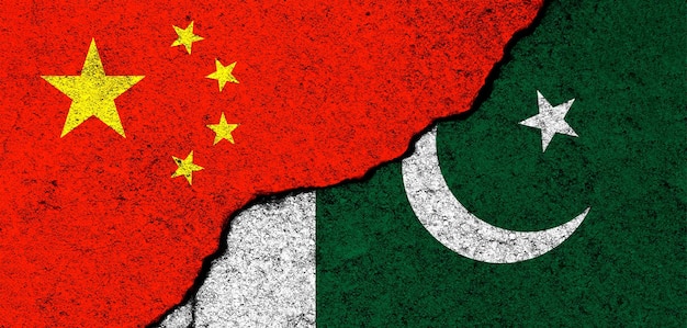 China and Pakistan Flags background Concept of politics economy culture and conflicts war Friendships and cooperation Painted on concrete walls banner photo