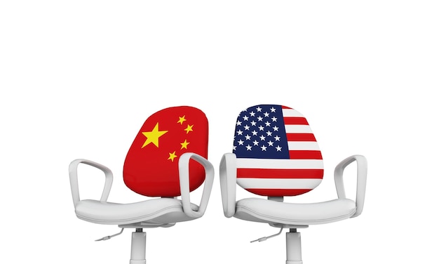 China and USA business chairs Internationl relationship concept 3D Rendering