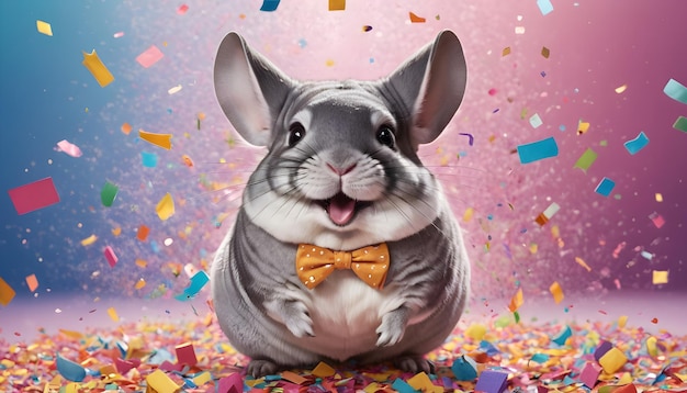 the Chinchilla with oversized ears and a bowtie bouncing gleefully amidst a confetti shower