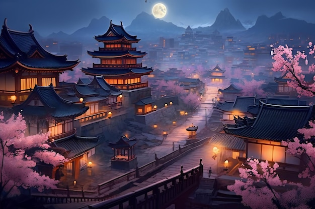 Chinese ancient town at night with full moon and cherry blossom